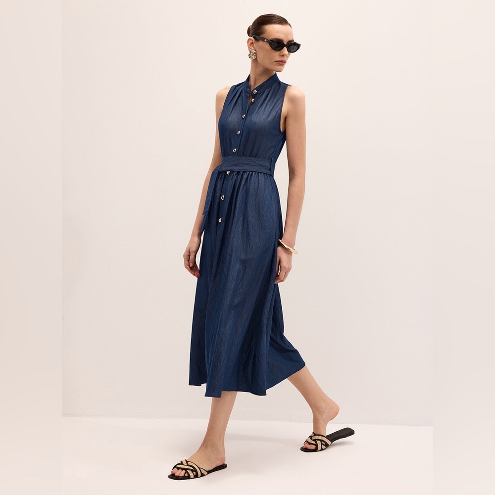 Commense Sleeveless Navy Button-Front Dress